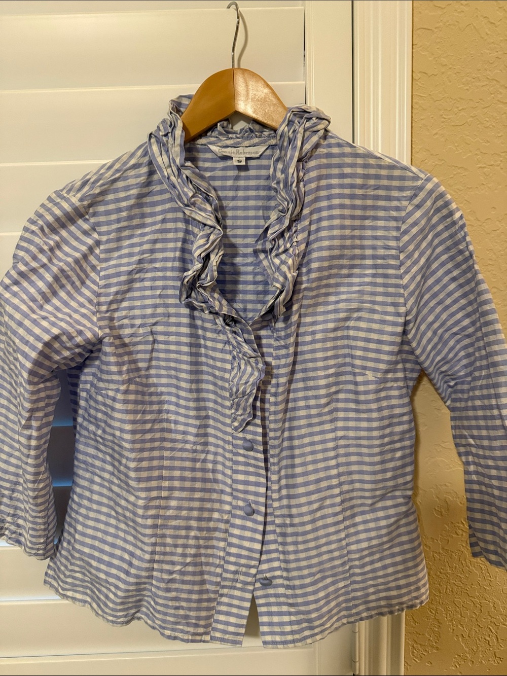 Connie Roberson Blue & White Striped Ruffle Collar Blouse